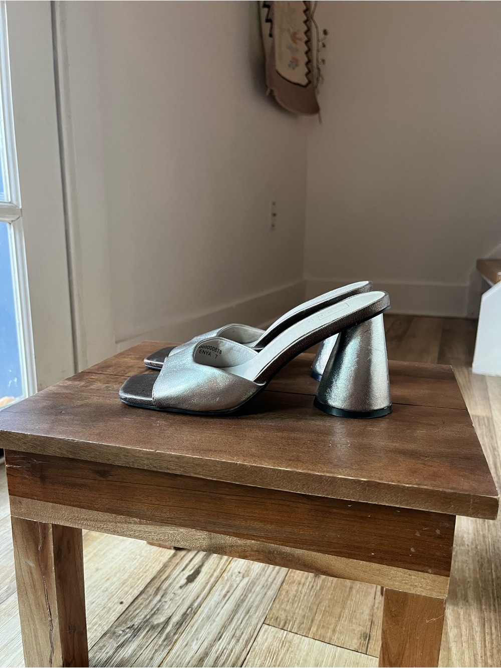 Metallic Silver Open-Toe Block Heel Mules